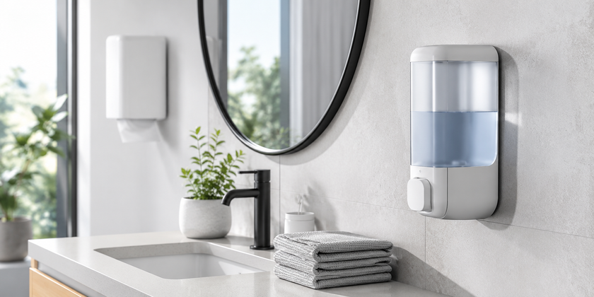 Clean workplace washroom hygiene station with wall mounted foaming soap dispenser, sink, towels and natural light.