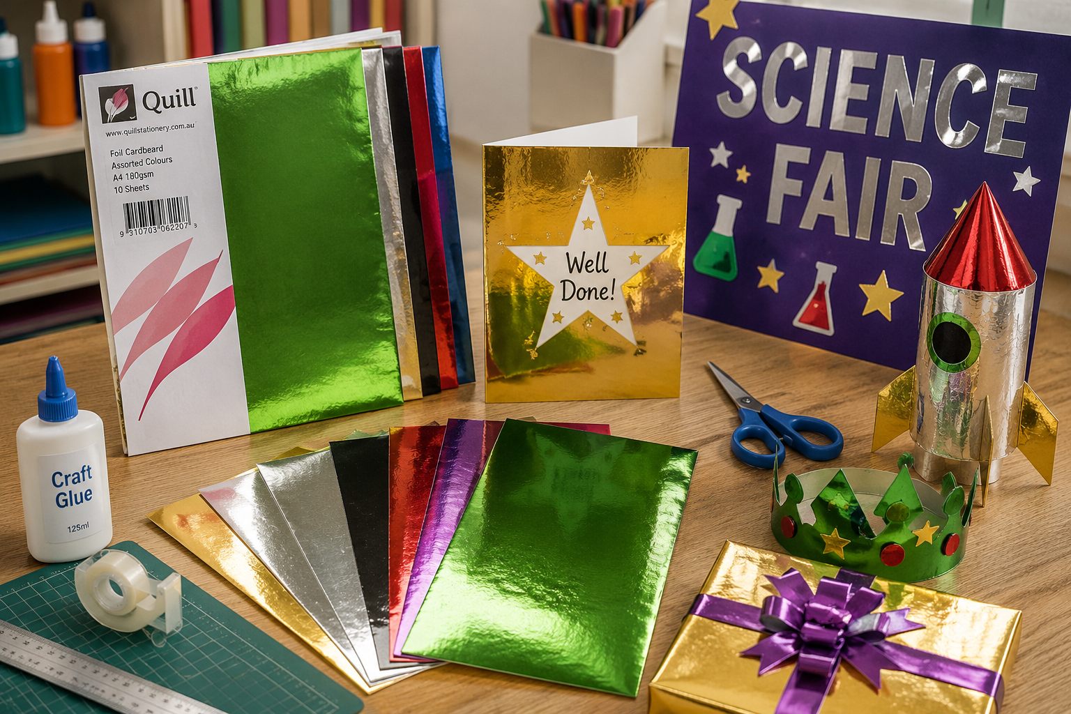 Foil cardboards arranged on a classroom craft table with shiny display materials, handmade decorations and project tools for bold creative presentation.