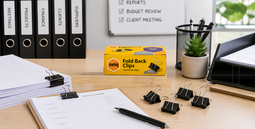 Marbig foldback clips displayed on a bright office desk with clipped project papers, meeting notes and workplace planning supplies.
