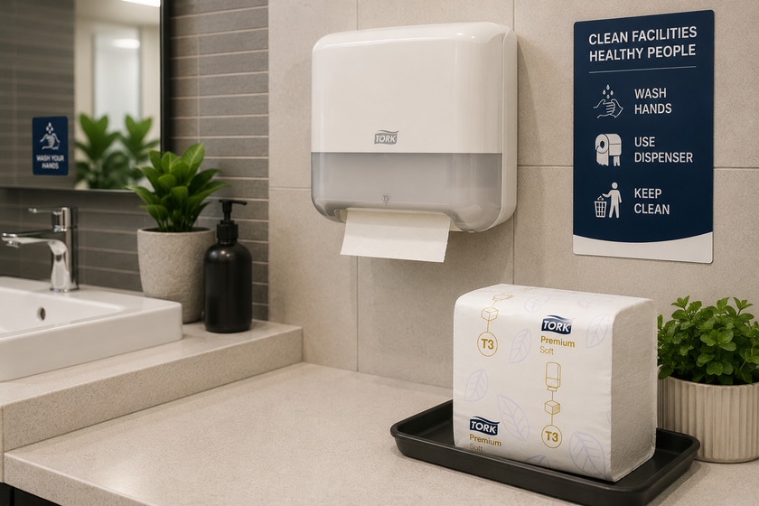 Folded toilet paper sheets and dispenser in a clean commercial washroom with hygiene signage, basin and facility supplies.