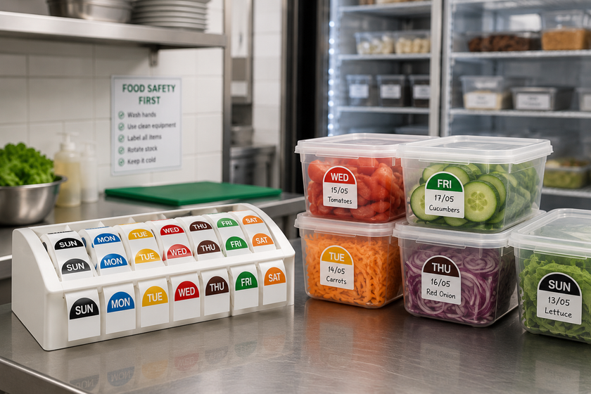 Food rotation labels used on prepared food containers in a bright commercial kitchen stock control area.