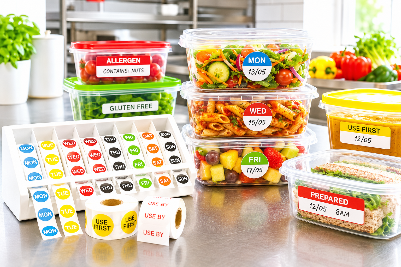 Food safety labels arranged in a bright commercial kitchen with labelled food containers, day labels, use by labels and allergen labels.