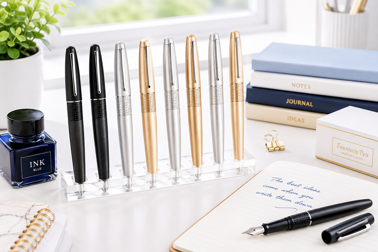 Fountain pens arranged on a bright modern writing desk with ink, notebooks and premium stationery for professional handwriting.