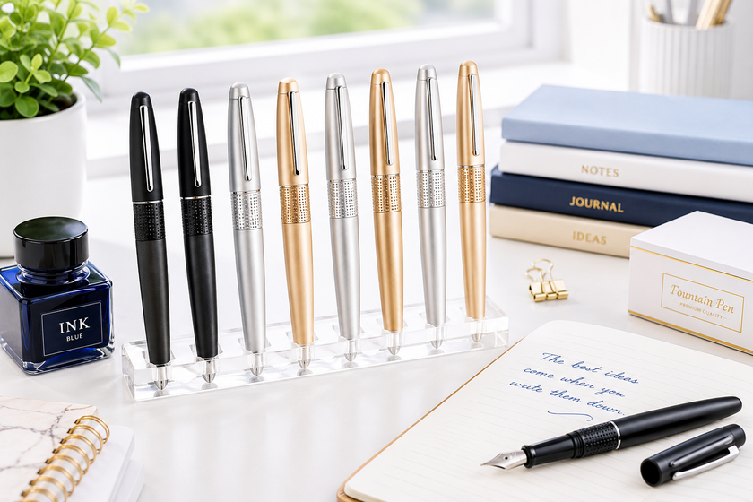 Fountain pens arranged on a bright modern writing desk with ink, notebooks and premium stationery for professional handwriting.