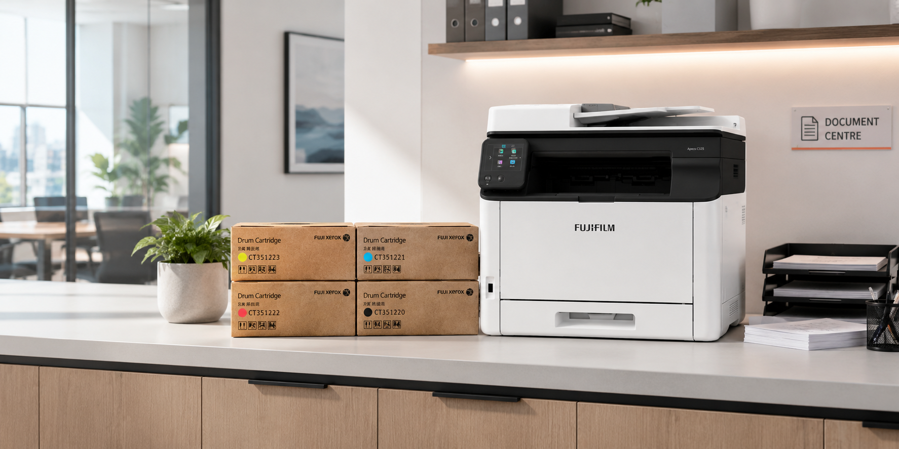 Fuji Xerox drum cartridges displayed beside a multifunction printer in a clean corporate document centre with organised paper trays.