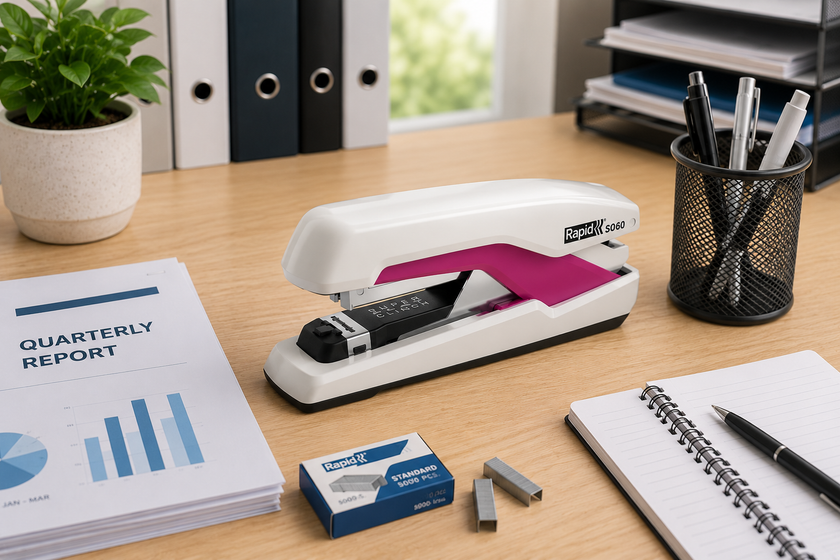 Full strip stapler on a bright office desk with reports, staples, notebook and pencil cup for everyday document fastening.