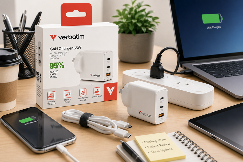 Power adapter arranged on a bright office desk with Verbatim GaN charger packaging, laptop, phone, tablet and USB C charging accessories.