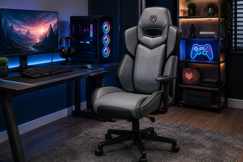 Gaming chair in a modern gaming workstation with computer desk, monitor, RGB keyboard, headset and PC setup nearby.