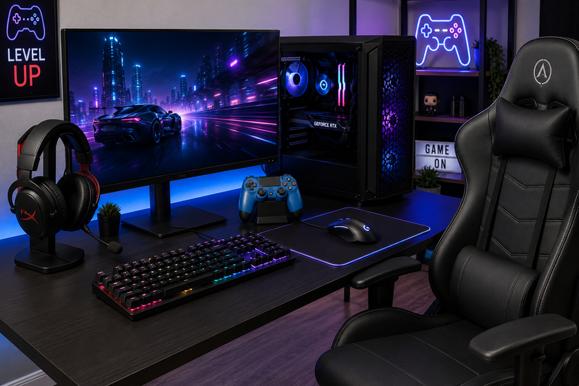 Gaming equipment arranged in a modern desk setup with monitor, keyboard, mouse, headset, controller, gaming chair and PC tower.