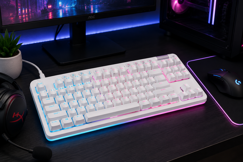 Gaming keyboard on a modern RGB desk setup with monitor, mouse, headset and gaming PC nearby.