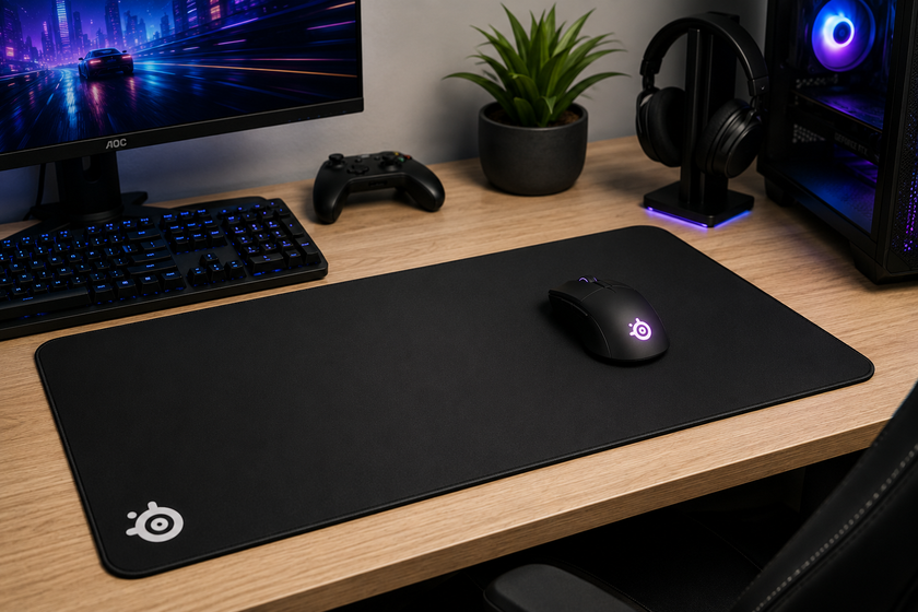 Gaming mouse pad on a modern computer desk with gaming mouse, keyboard, monitor, headset and PC setup nearby.