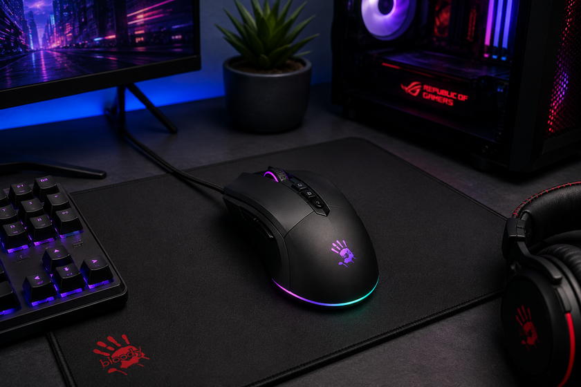 Gaming mouse on a large black mouse pad with RGB keyboard, monitor, headset and gaming PC setup nearby.