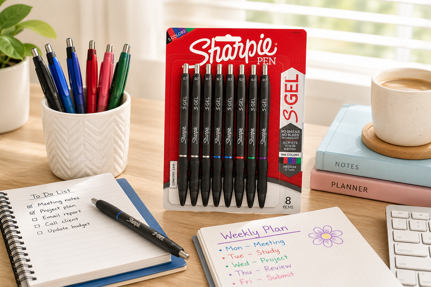 Gel pens displayed on a bright office desk with notebooks, planner pages and stationery for smooth writing and colour coded notes.