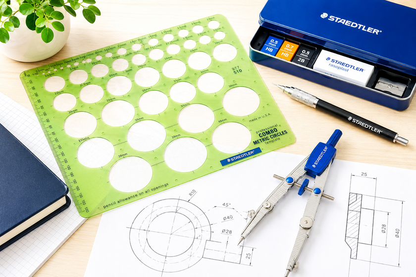 Geometry and technical drawing tools including a compass, circle template and mechanical pencil arranged on engineering plans.