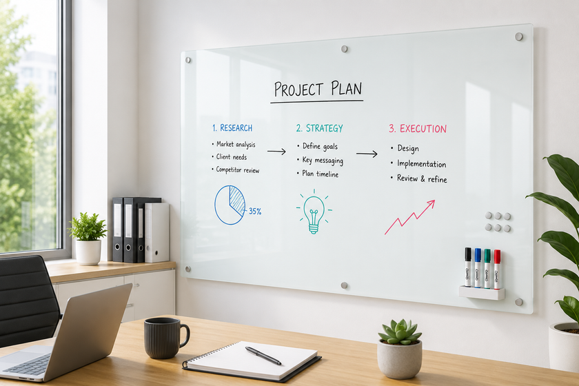 Glass board mounted in a bright modern meeting room with project planning notes for workplace presentations and collaboration.