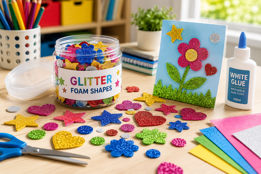 Glitter foam shapes displayed on a bright classroom craft table with glue, scissors, coloured sheets and a flower activity card.