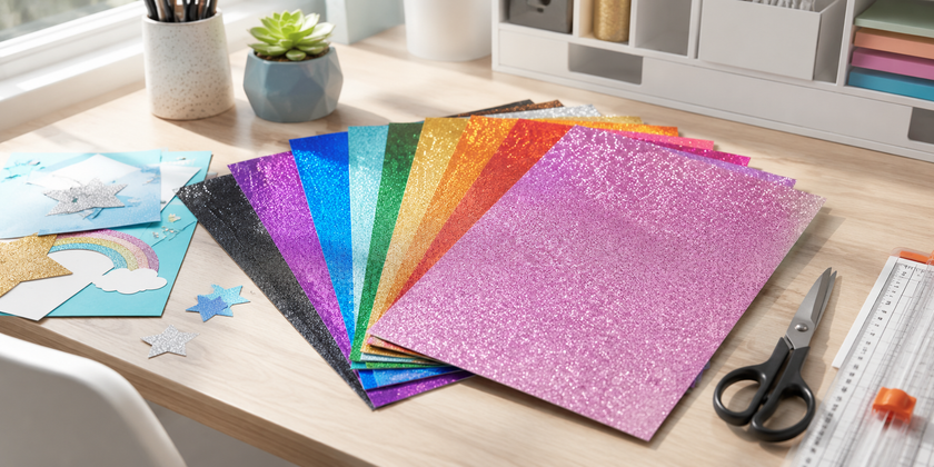 Vibrant glitter paper sheets fanned out on an art and craft desk with scissors, paper trimmer and cut-out shapes in a bright organised classroom craft area.