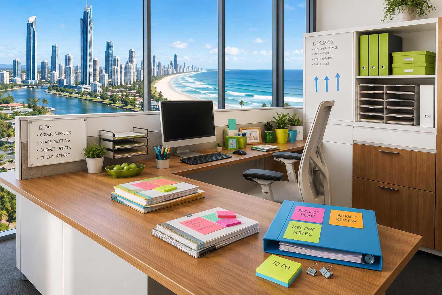 Modern office supplies arranged across a bright workspace with folders, notebooks, sticky notes and desk accessories against a Gold Coast city and beach background.