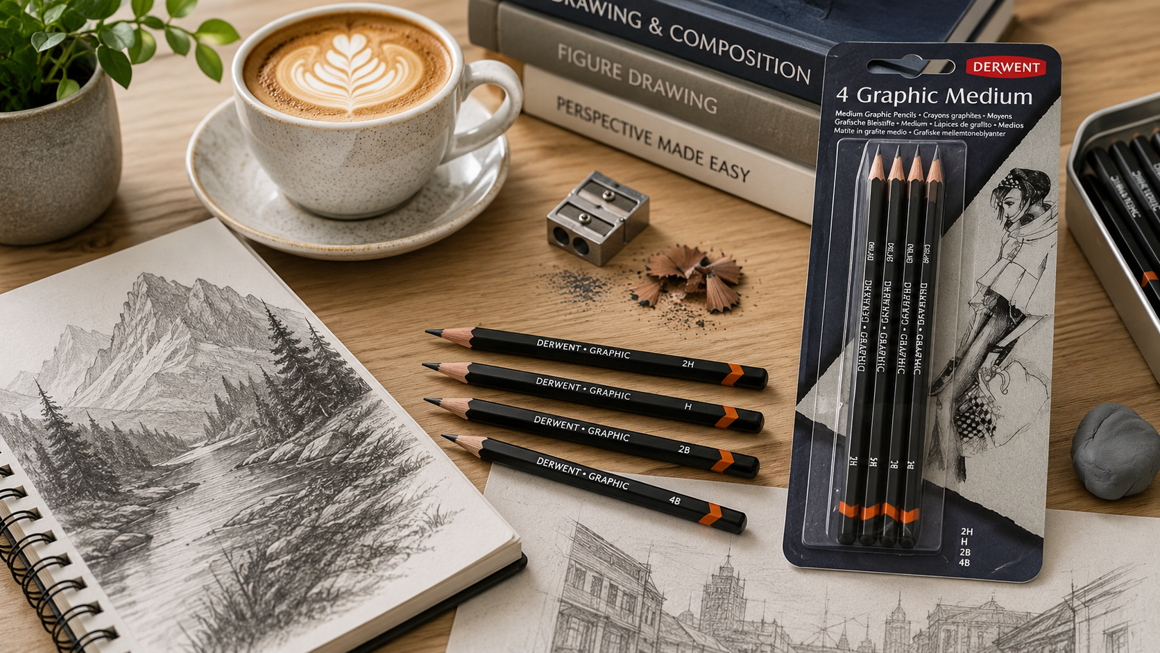 Graphic pencils arranged on a bright artist workspace with sketchbooks, graphite drawings, sharpener and latte art coffee.