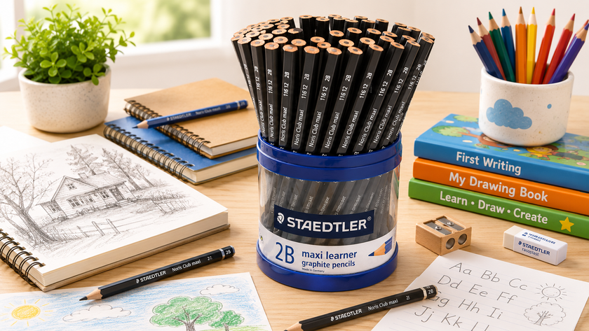 Graphite drawing pencils in a classroom-style desk setup with sketchbooks, handwriting practice sheets and learning supplies.