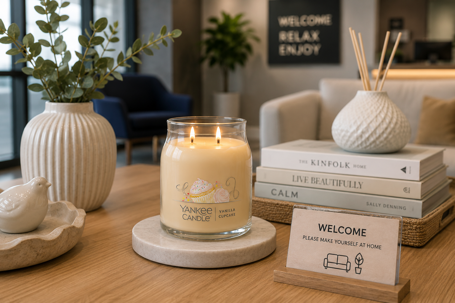 Scented candle displayed on a guest lounge table with soft seating, decorative accessories and warm ambient lighting.