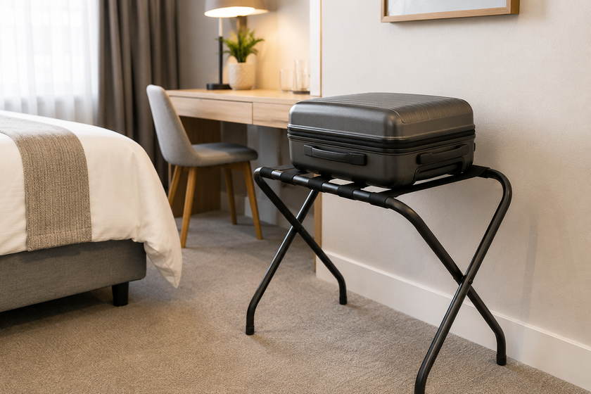 Luggage rack holding a suitcase in a bright guest room with bed, desk and hospitality room accessories.