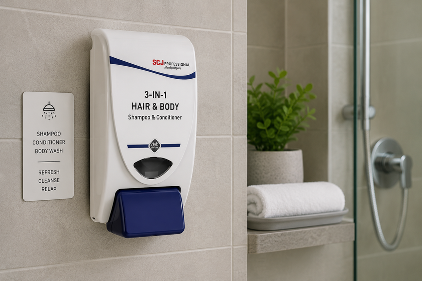 3 in 1 hair and body wash cartridge dispenser mounted in a clean shower area for guest bathroom and shared facility amenities.