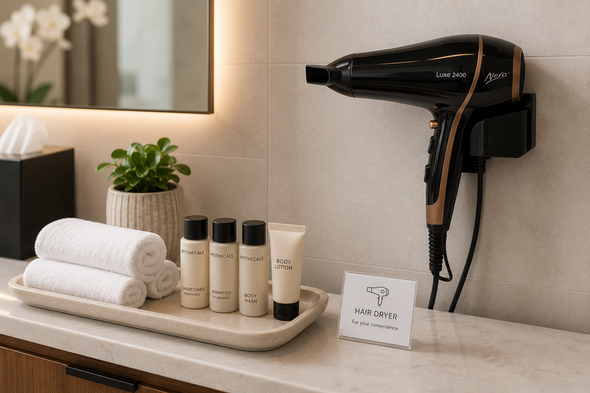 Stylish wall mounted hair dryer in a modern guest bathroom vanity area with towels, toiletries and personal care amenities.