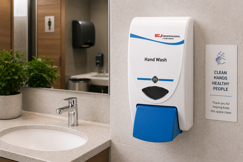 Hand wash dispenser mounted beside a clean workplace washroom basin with hygiene signage and modern bathroom fixtures.