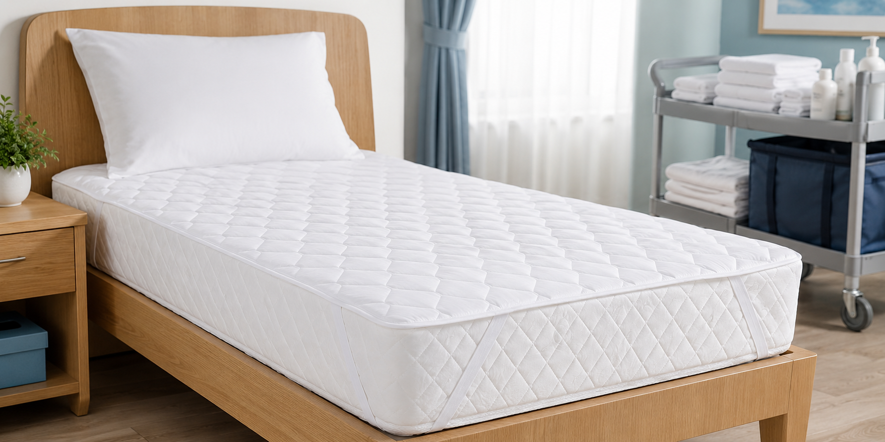 White quilted mattress protector fitted neatly on a single bed in a bright healthcare, aged care or housekeeping room with linen and a trolley nearby.