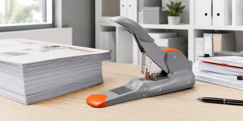 Heavy duty stapler on a clean office desk with thick document stacks and stationery for fastening larger paperwork bundles.