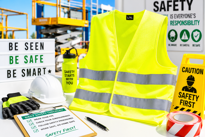 Hi vis safety vest displayed in a bright worksite safety setup with hard hat, gloves, caution signage and checklist for workplace visibility.