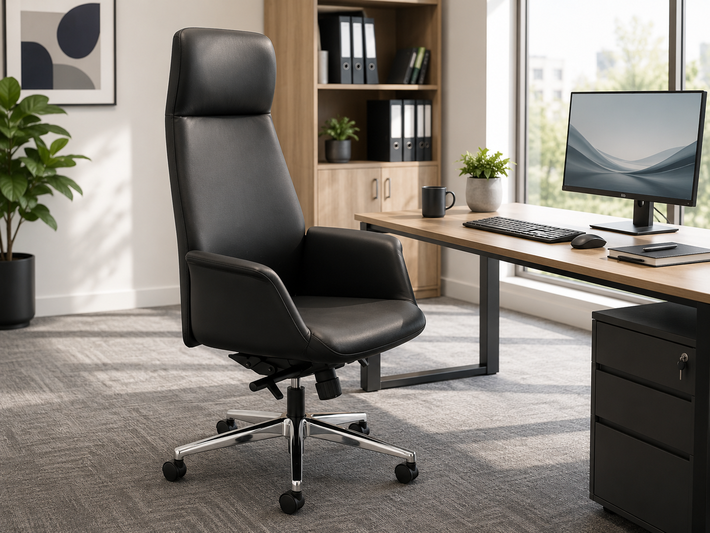High back office chair in a bright modern workspace with desk, monitor, keyboard and office storage.