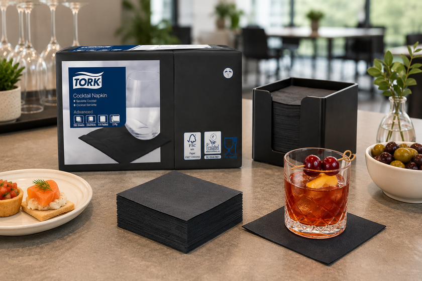 Cocktail paper napkins arranged in a modern hospitality service area with a boxed napkin pack, drinks and light refreshments nearby.