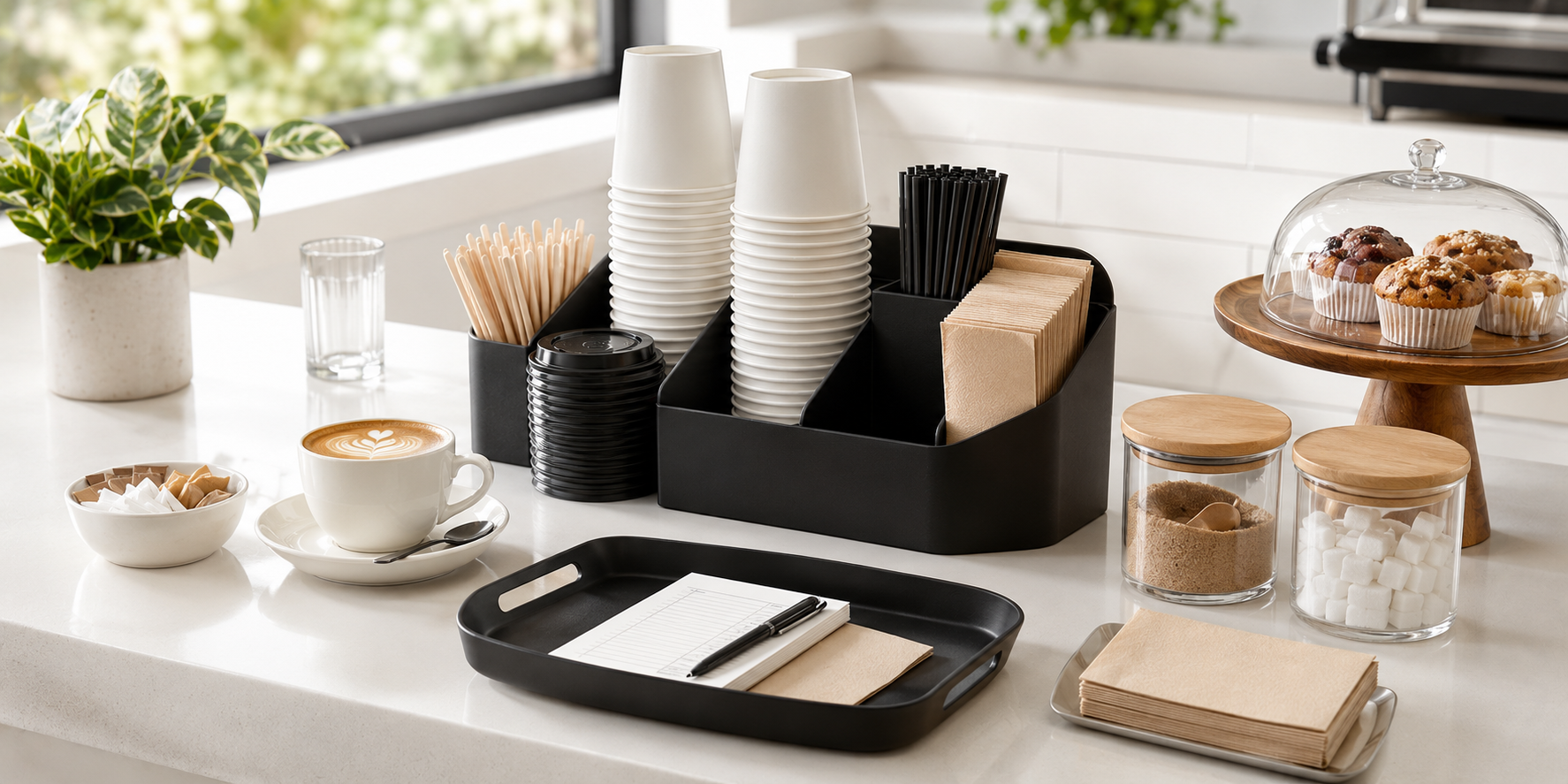 Hospitality coffee station with disposable cups, stirrers, napkins, sugar, takeaway lids and fresh muffins on a bright workplace counter.