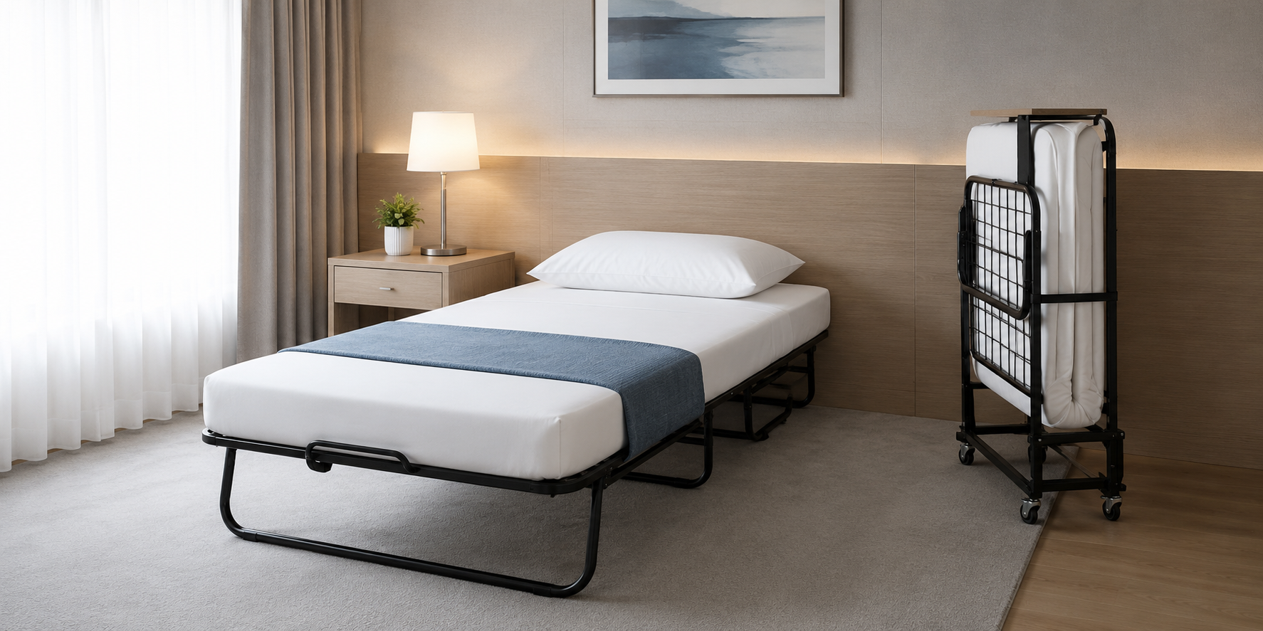 Rollaway bed set up in a clean hotel style room with folded spare bed storage nearby.