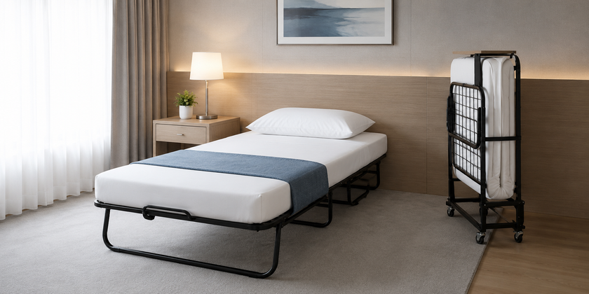 Rollaway bed set up in a clean hotel style room with folded spare bed storage nearby.