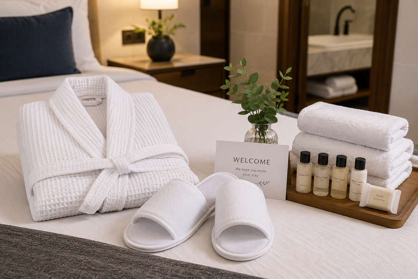 Hotel slippers arranged in a guest bedroom with a waffle bathrobe, towels, toiletries and welcome amenities for accommodation comfort.