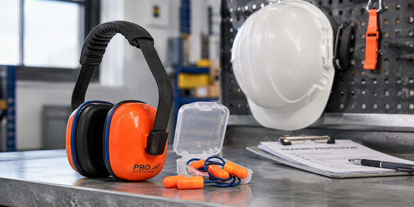 Earmuffs and corded earplugs displayed on a workshop PPE station with safety clipboard and hard hat nearby.