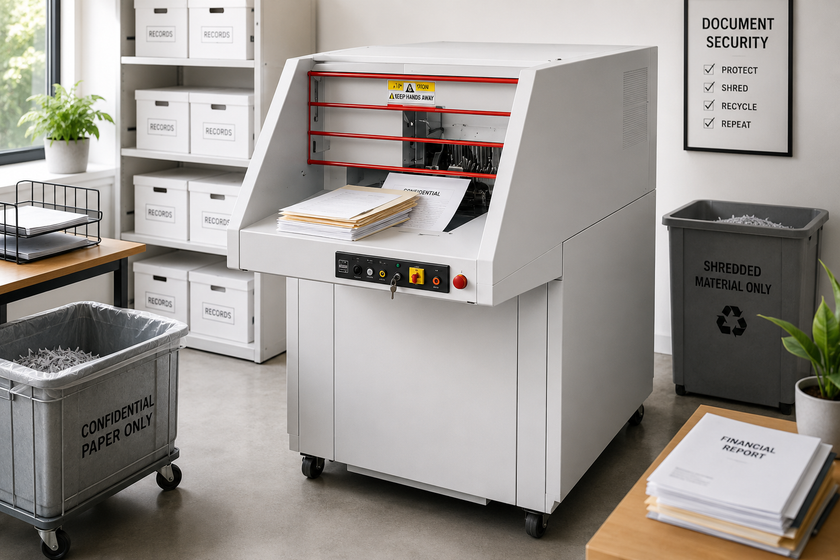 Industrial paper shredder in a bright records room with confidential documents, archive boxes and shredded paper collection bins.