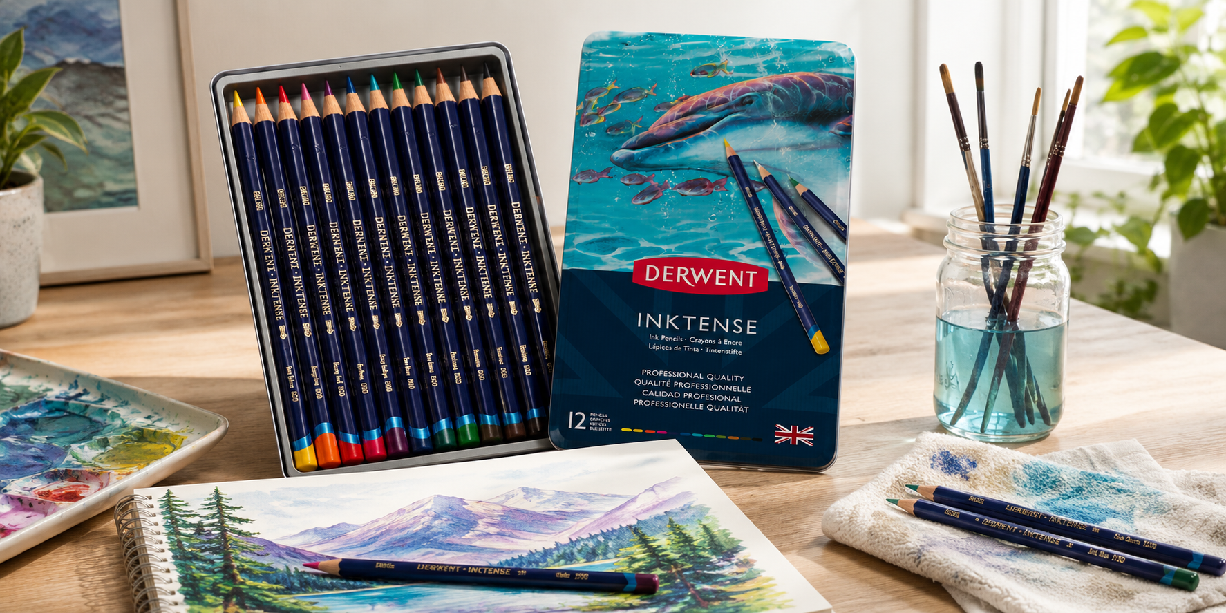Derwent Inktense pencils in a bright artist workspace with brushes, sketchbook artwork and watercolour supplies.
