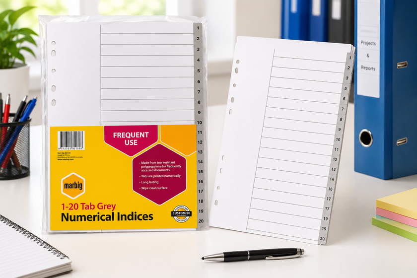 20 tab binder dividers displayed on a bright office desk with folders and stationery for detailed file organisation.
