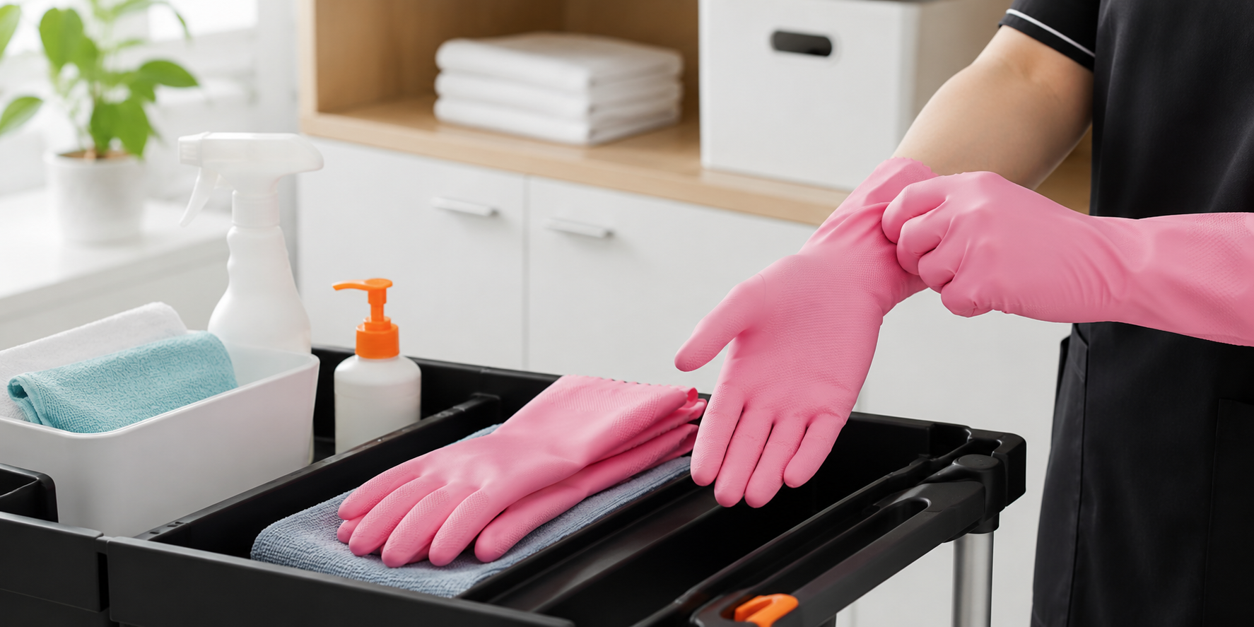 Pink cleaning gloves on a commercial cleaning trolley with cloths, spray bottle and hygiene supplies.