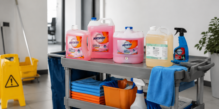 Commercial ammonia-style cleaning bottles arranged on a janitorial trolley with cloths, spray bottles and a wet floor sign in a clean facility corridor.