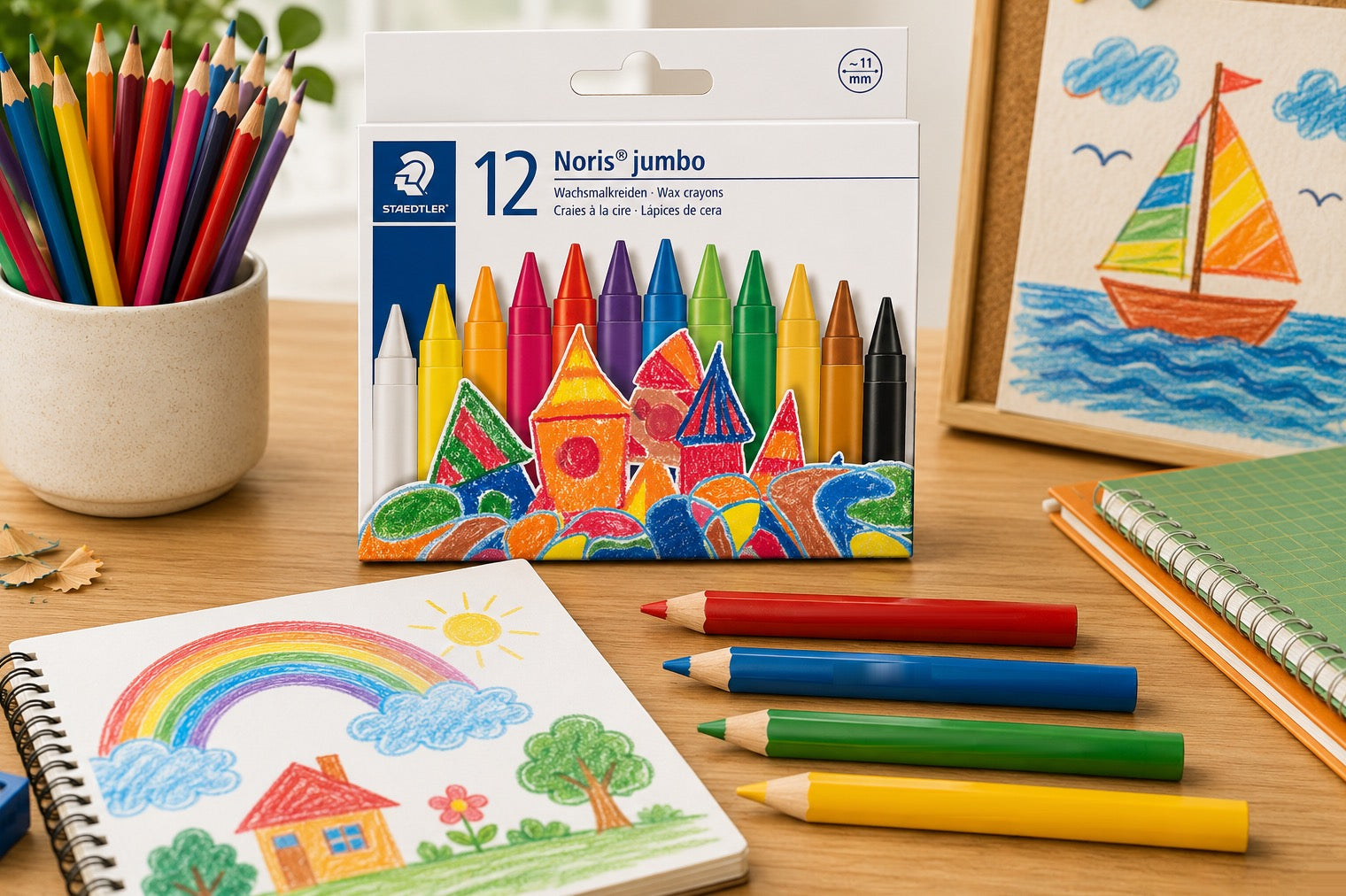 Coloured drawing pencils arranged on a bright learning table with a sketchbook, children’s artwork and classroom stationery for creative colouring and drawing.