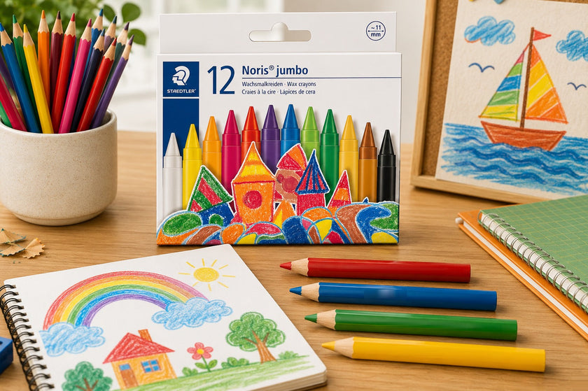 Coloured drawing pencils arranged on a bright learning table with a sketchbook, children’s artwork and classroom stationery for creative colouring and drawing.