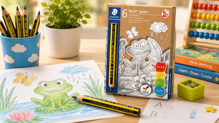 Jumbo pencils on a bright learning desk with handwriting practice sheets, children’s drawings, books and classroom supplies.