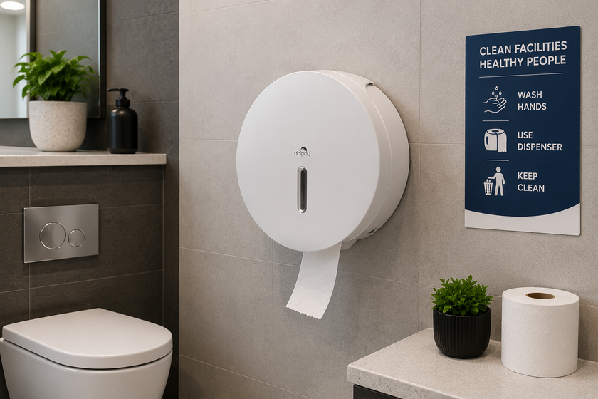 Jumbo toilet paper dispenser mounted in a clean high traffic washroom with hygiene signage, toilet area and spare roll.