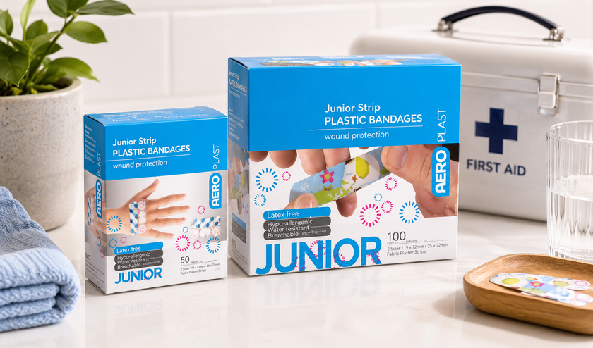 Junior adhesive plaster packs arranged on a bright first-aid counter with a medical kit, towel and clean workplace accessories.