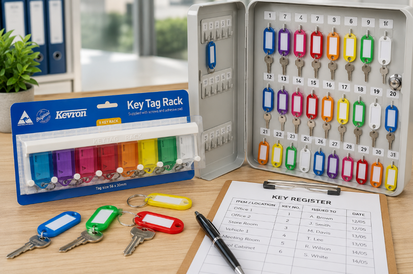Key tag rack and key cabinet displayed in a bright office utility area with colour coded key tags and a key register for organised key storage.